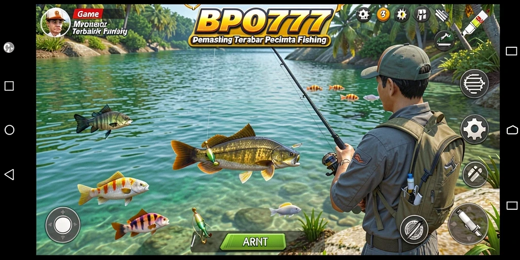 Tampilan gameplay BPO777 dengan berbagai jenis ikan dan lokasi memancing.