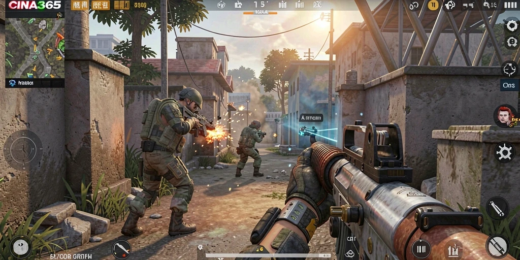 Screenshot gameplay CINA365 menampilkan aksi tembak-menembak yang intens.