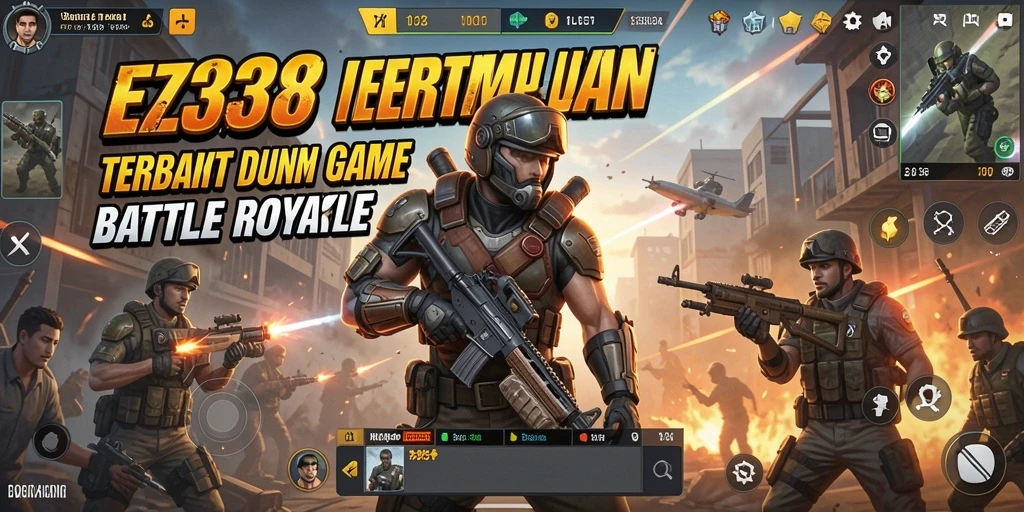 Tangkapan layar utama EZ338 menampilkan pertempuran seru dalam game Battle Royale.